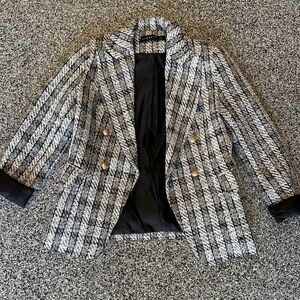 Womens Black & White Tweed Double-Breasted Blazer. Medium